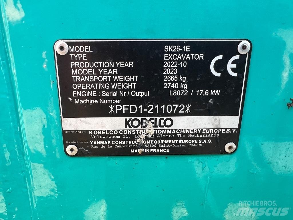 Kobelco SK 26 1E Minigrävare < 7t