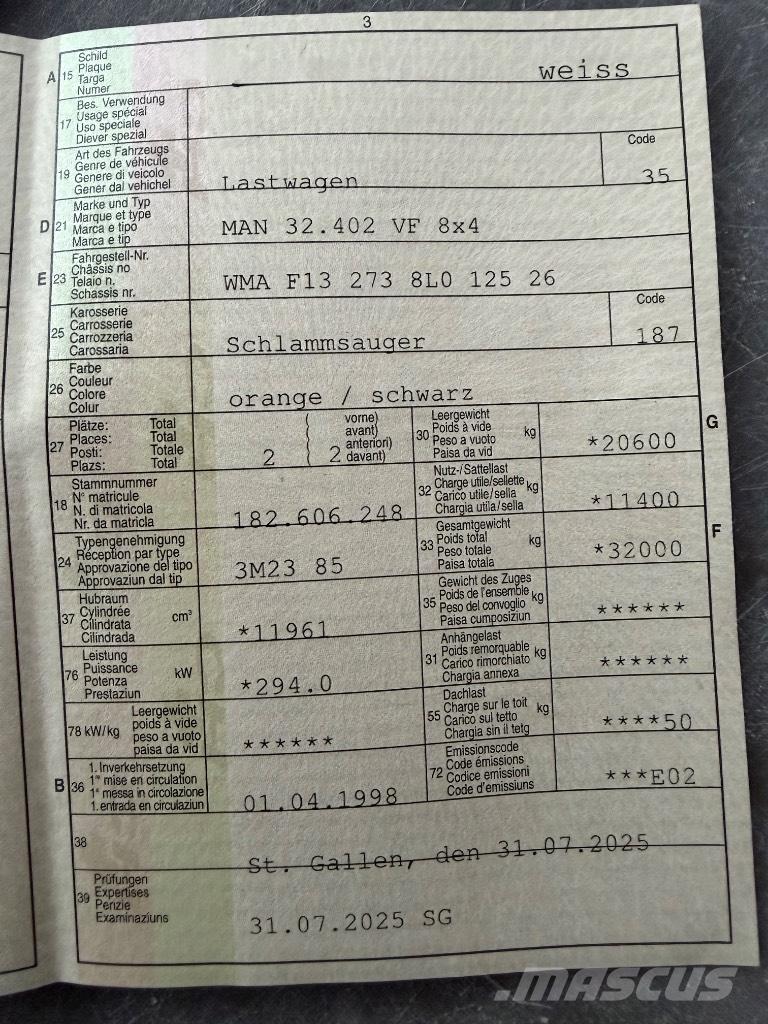 MAN 32.402 VF 8x4 Slamsugningsbil