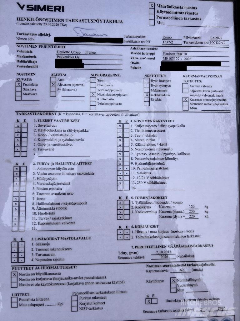 Haulotte Star 10 Personhissar och andra hissar