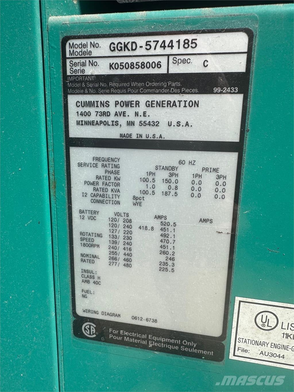 Cummins 150kW Gasgeneratorer