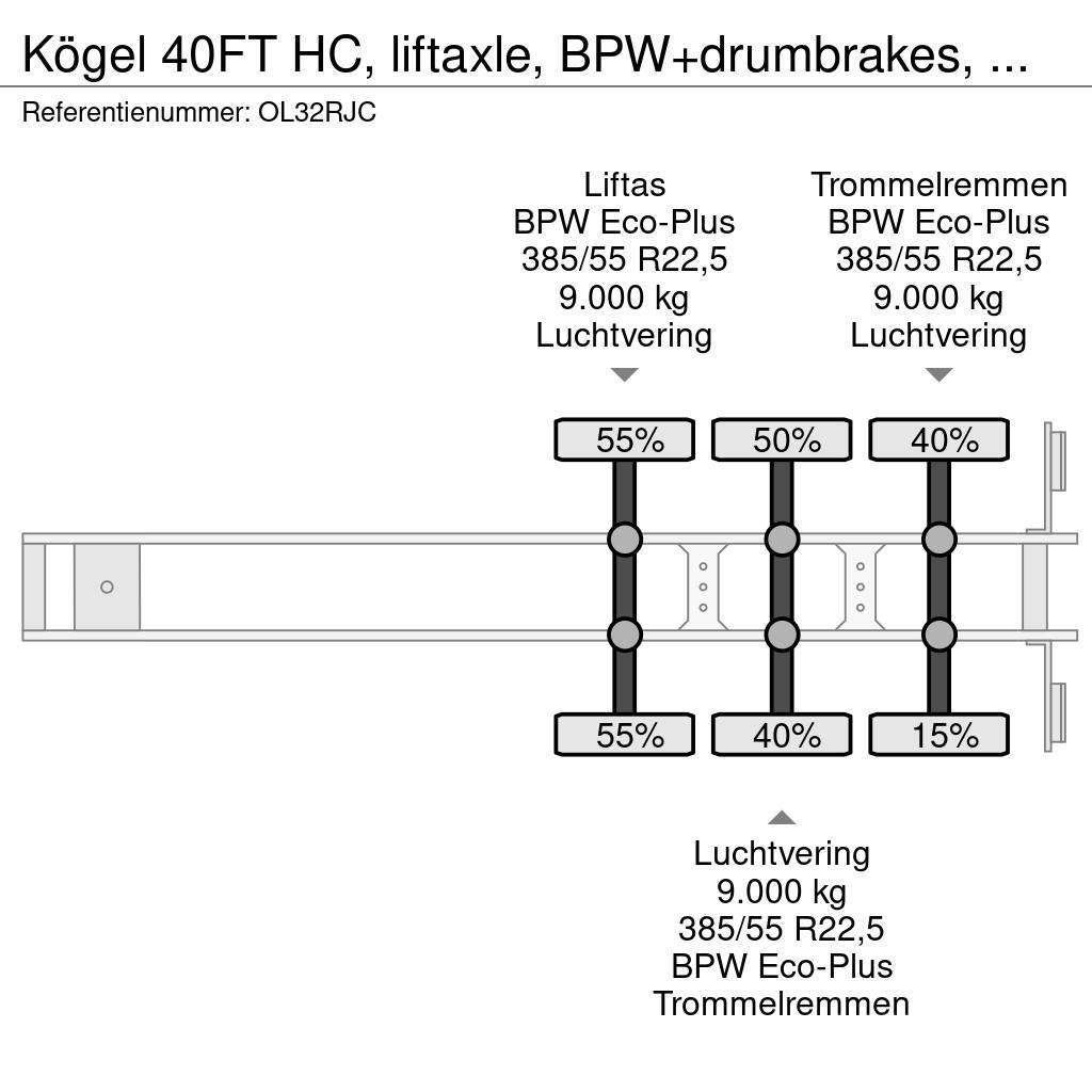 Kögel 40FT HC, liftaxle, BPW+drumbrakes, empty weight, 5 Containertrailer