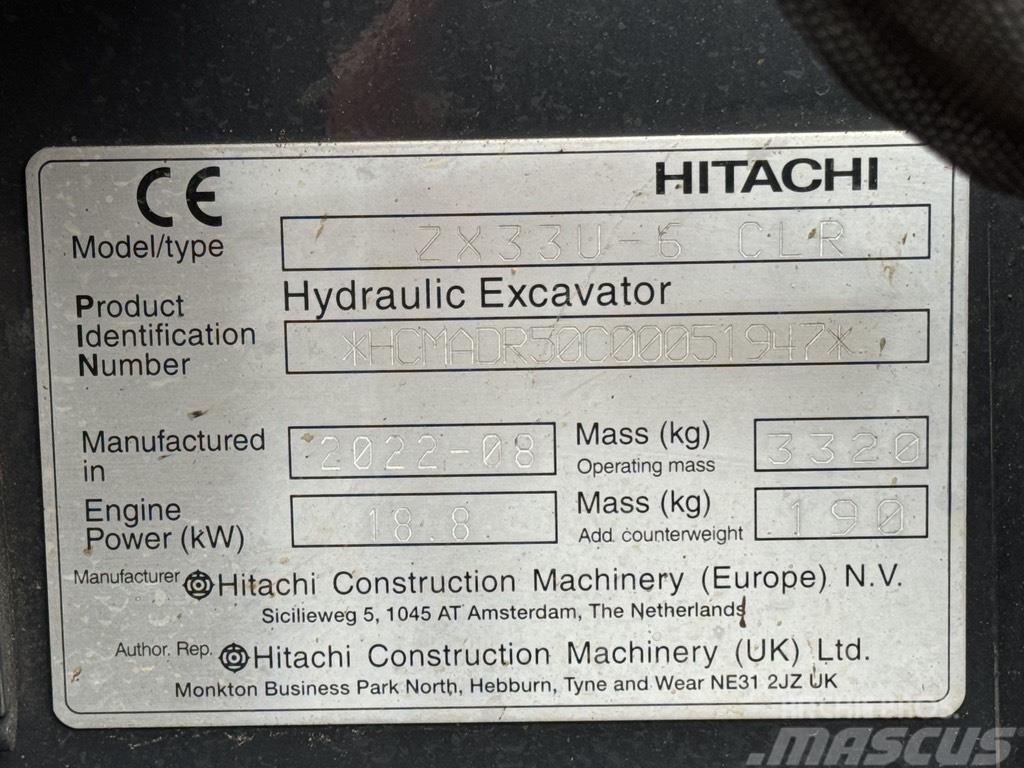 Hitachi ZX 33 U-6 Minigrävare < 7t