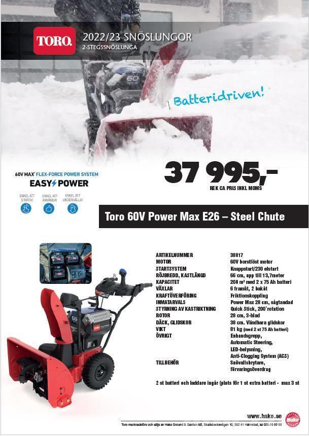 Toro Power Max E26 Batteridriven 2-stegs snöslunga Snöslungor och -fräsar